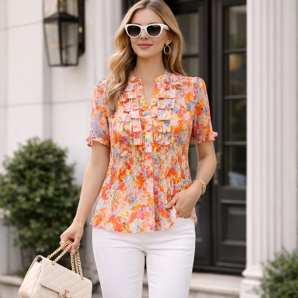 Tradition Pleated Floral Blouse size 12 |Ruffle Front | Vibrant Multicolour Prin